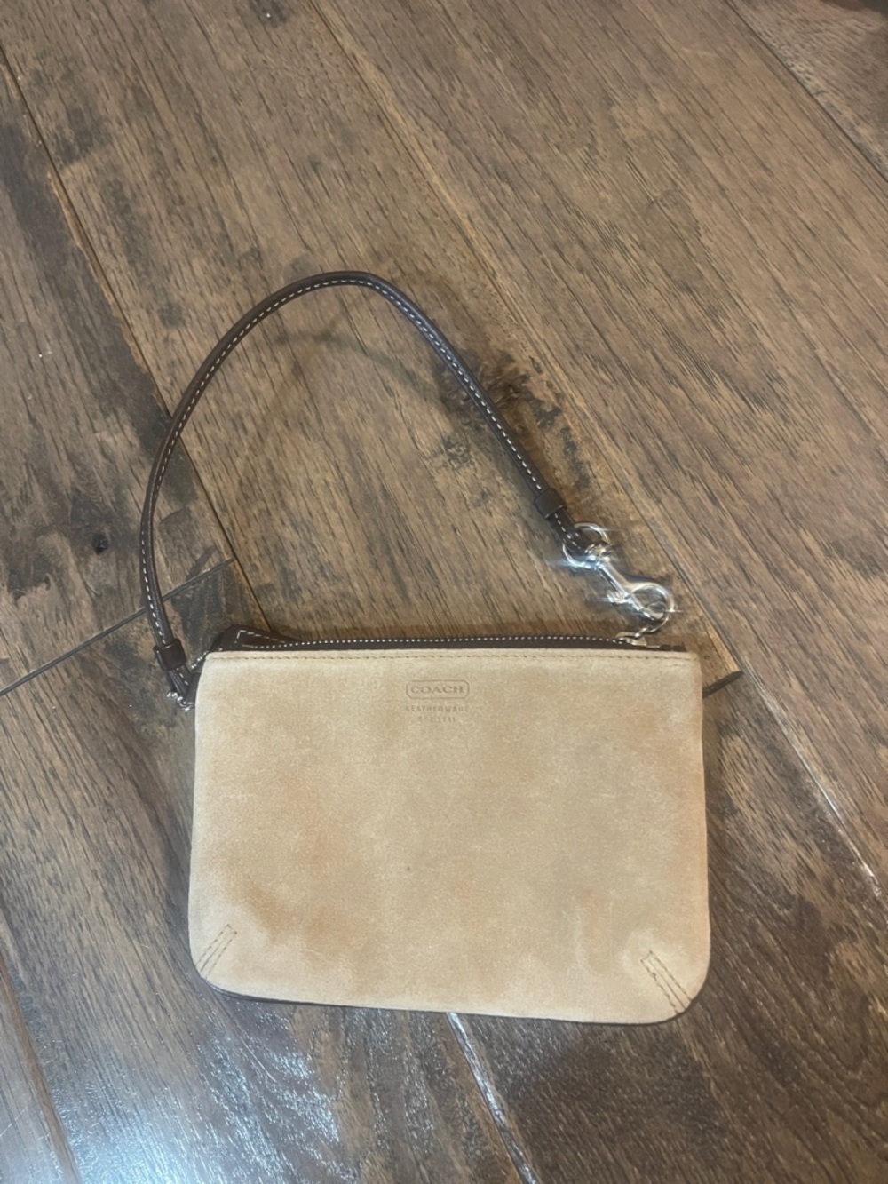 Coach Tan Suede Wristlet with Brown Leather Strap